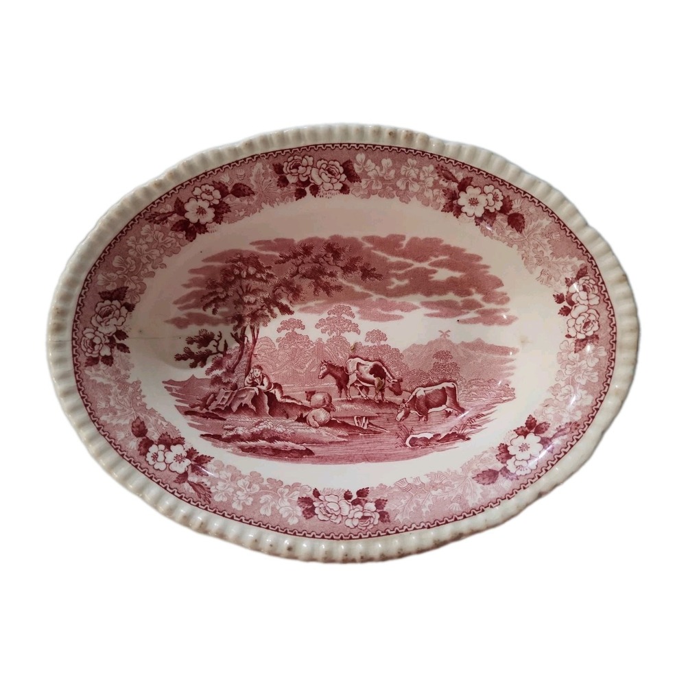 Antique Adams STAFFORDSHIRE England  Scenic Red White 8in Oval Serving Bowl